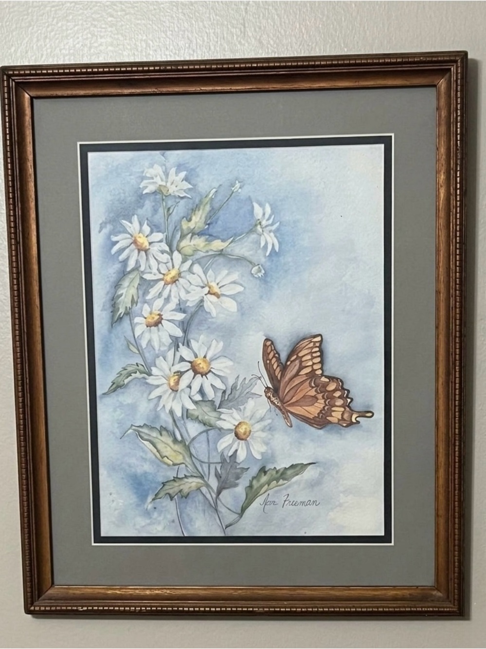 Ava Freeman Framed Watercolor Painting - Daisies and Butterfly